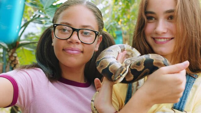 Selfie, teen girl and phone photography with snake, friends on holiday or day trip to nature park, wild life zoo with reptile. Smile in picture, technology and smartphone. Young, teenager and python.