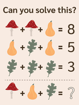Math riddle. rebus for children and adults. find the answer. learning task, picture system of equations, Brain Teasers with gnomes, fall, autumn math, xmas math for kids, vector easy to recolor