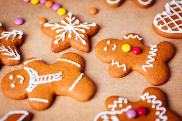 Various selection of Gingerbread cookies with sugar icing. Decorated in Christmas spirit. Happy New...