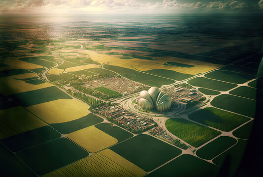 aerial image of a contemporary city and agricultural field. idea of the environment. Generative AI