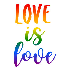 Love is love, rainbow colored text, LGBTQ concept, illustration over a transparent background, PNG image

