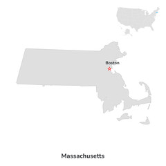 US American State of Massachusetts. USA state of Massachusetts county map outline on white background.