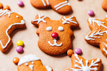 Various selection of Gingerbread cookies with sugar icing. Decorated in Christmas spirit. Happy New Year celebration. Playful and fun. 