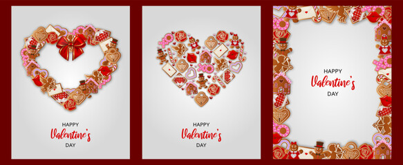 set of valentine's day cards with gingerbread cookies	