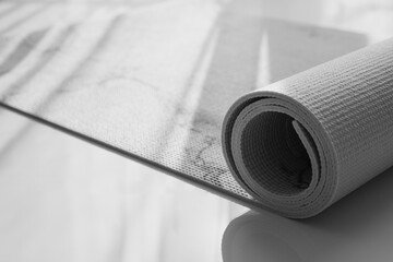 Karemat or fitness mat on floor indoors, closeup