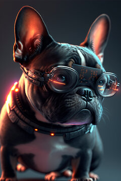 Cute French Bulldog in futuristic 3d glasses.Steampunk dog with glasses.Drawing cyberpunk painting.Digital designer art.Abstract surreal illustration.3D render