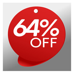 Sale special offer red tag 64% off isolated vector illustration, promotion and offer price