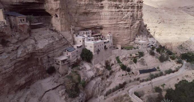 St. George Orthodox Monastery and Wadi Qelt in Judean desert. Monastery of St. George of Choziba, Israel. The sixth-century cliff-hanging complex 1