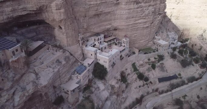 St. George Orthodox Monastery and Wadi Qelt in Judean desert. Monastery of St. George of Choziba, Israel. The sixth-century cliff-hanging complex 11