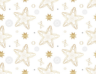 Seamless pattern for winter holidays. Festive white background with golden stars