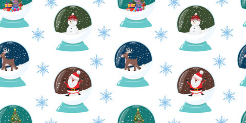 Background with winter decorative snow globes. Seamless pattern with different snow globes.