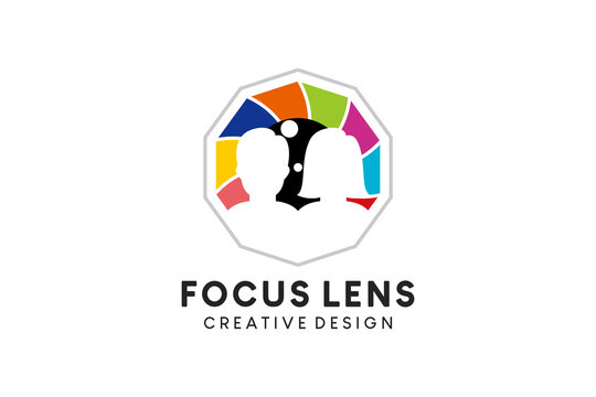 Photography logo design, photography lens icon with male and female people silhouette focus style