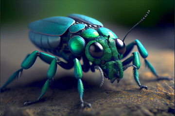 Naklejka premium Blue and Green Beetles with Black Eyes. Generative ai