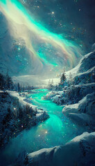 Fototapeta na wymiar ai generative midjourney illustration of a winter landscape in an arctic area with turquoise norther lights and stars at the night sky
