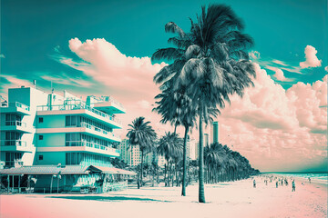 midjourney generated illustration by ai, miami beach scene in pastel colors - obrazy, fototapety, plakaty