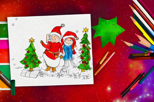 Winter season holiday, Christmas, New Year. Christmas concept. Children's drawings in pencil and paints.