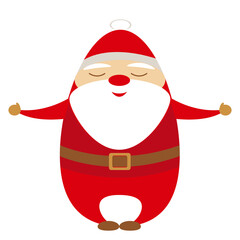 Simple flat funny cartoon santa in red costume and white beard sitting on the ground holding two green christmas tree balls