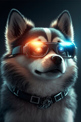 Cute husky in futuristic 3d glasses.Steampunk dog with glasses.Drawing cyberpunk painting.Digital designer art.Abstract surreal illustration.3D render