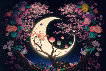 with decorations and a full moon on a flat tanabata backdrop. Generative AI - obrazy, fototapety, plakaty