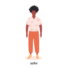 Young black man with gender pronoun. She, he, they, non-binary. Gender-neutral movement. LGBTQ community. Hand drawn vector illustration