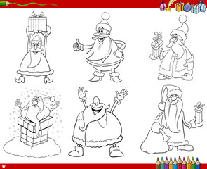 cartoon Santa Clauses with Christmas gifts coloring page
