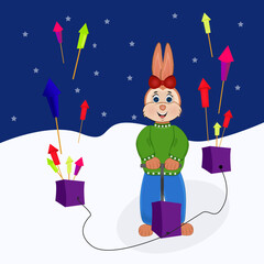 The symbol of the new year bunny 2023 lets off firecrackers