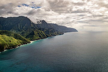 Naklejka premium Aerial coastline of Kauai from helicopter 6