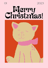 Vector Retro Style Magazine Poster Christmas Poinsettia Berries Citrus Toys Christmas Greetings Greenery Holly Postcard Poster Candles Coziness Christmas Party TV Armchair