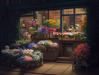 Fototapeta na wymiar Beautiful colorful flowers in street flower shop. In evening