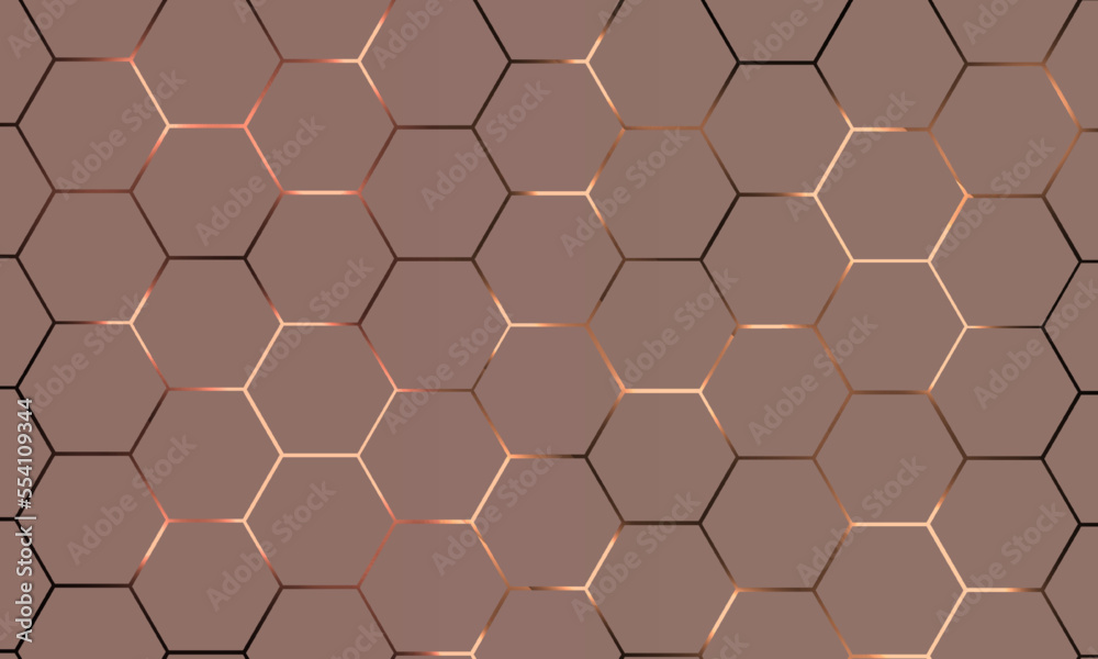 Poster Light hexagonal technology vector abstract background. Light brown energy flashes under hexagon in futuristic modern technology background vector illustration. Brown honeycomb texture grid.