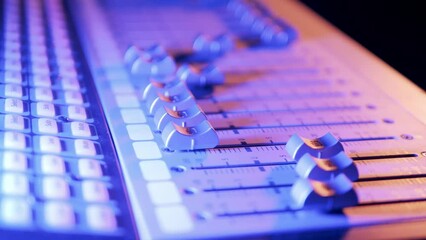 Sound producer moving switches on the mixing console at audio recording studio