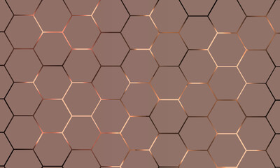 Light hexagonal technology vector abstract background. Light brown energy flashes under hexagon in futuristic modern technology background vector illustration. Brown honeycomb texture grid.