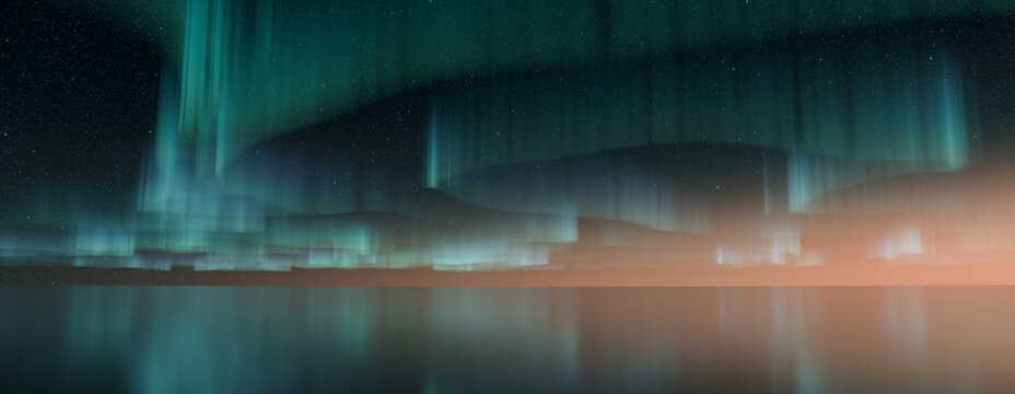 Northern Lights Background. Green Aurora Borealis reflected in Water with copy-space. 