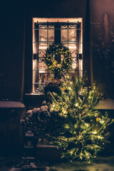 Christmas decoration on the door. Warsaw Old Town. Christmas in Poland.