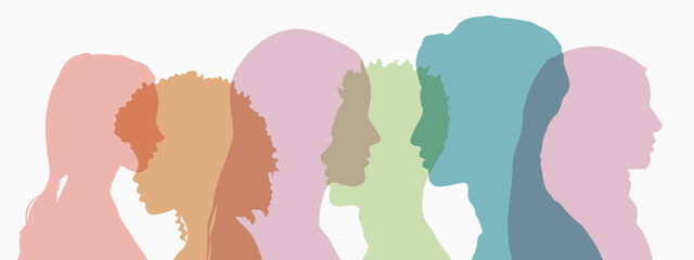 Сoncept of racial equality, tolerance and friendship between people of different cultures. Abstract silhouette of female and male profile.