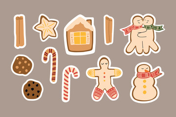 Vector Christmas sweet candy canes, snowman gingerbread and cookies. Hand painted new year sweets illustration. Cozy cute flat icon collection set