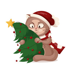 Charming angry cat in a Santa hat with a Christmas tree. Cartoon character isolated on white background. Vector illustration for winter materials - postcards, stickers, greeting cards