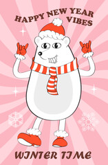 Groovy Christmas banner vector. Crazy, funny white bear, New Year poster. Cute mascot character in 60s, 70s style. .