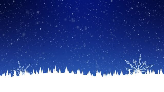 Winter snowy tree landscape scene with snowflakes slow motion falling down copy space animation background. Seamless looping.