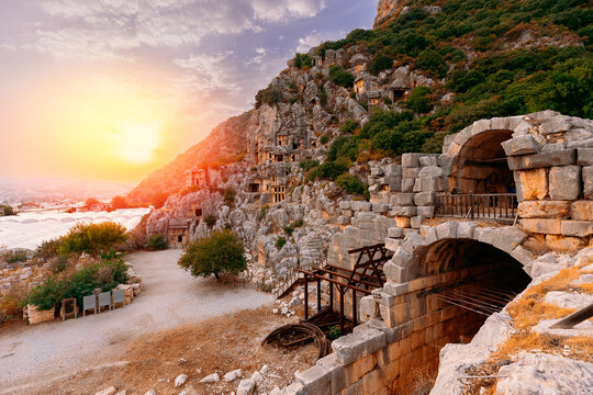 Ancient tomb ruins of Myra City in Demre to Antalya, archaeology landmarks of Turkey sun light