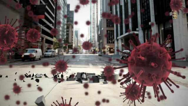 Animation of covid-19 cells floating against pound symbol breaking and falling on the street
