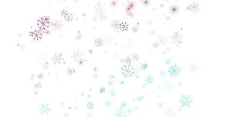 Snow background, a scattering of multicolored snowflakes on a transparent background. The snowflakes are hand painted.. PNG