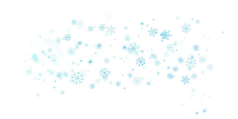 Snow background, a scattering of blue snowflakes on a transparent background. The snowflakes are hand painted.. PNG