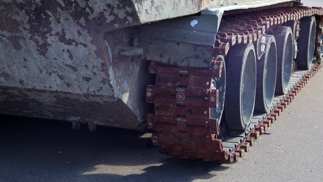 Destroyed tracked armored personnel carrier on the territory of Ukraine. Multi-purpose airborne armored personnel carrier Rakushka. Destroyed military armored personnel carrier.