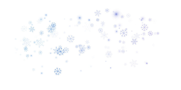 Snow background, a scattering of blue snowflakes on a transparent background. The snowflakes are hand painted.. PNG