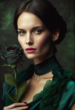 Beautiful Woman In A Green Dress Long Stem Black Rose