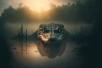 half submerse terrible alligator in the swamp, - obrazy, fototapety, plakaty
