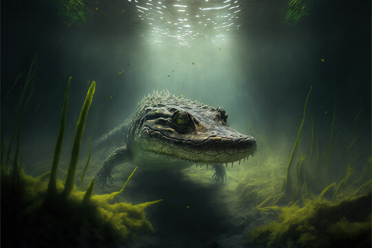 underwater, terrible alligator in the swamp,