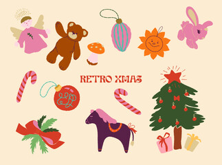 Obraz na płótnie Canvas Vector Retro Christmas Poinsettia Berries Citrus Toys Xmas Greetings Greenery Holly Postcard Poster Candles Cosiness Christmas Party TV Armchair