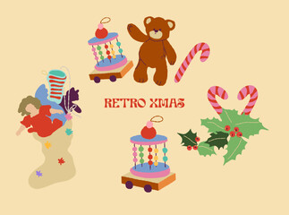 Vector Retro Christmas Poinsettia Berries Citrus Toys Xmas Greetings Greenery Holly Postcard Poster Candles Cosiness Christmas Party TV Armchair